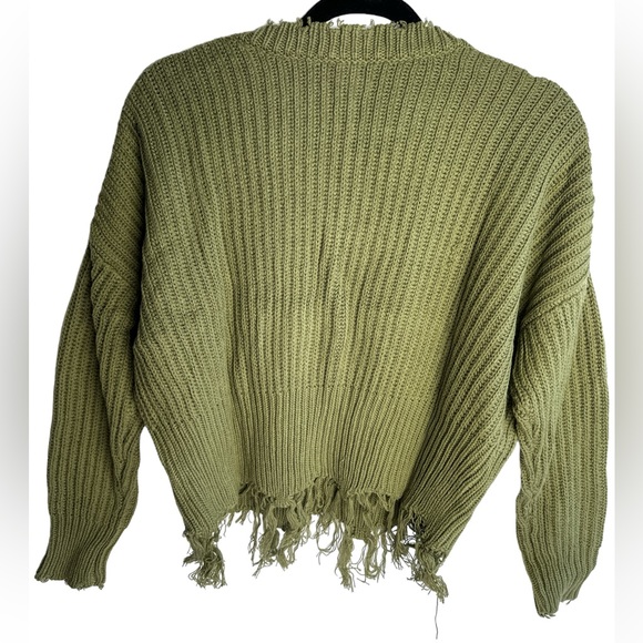 Women Raw Hem V-Neck Green Sweater Long Sleeve Ribbed Knit Pullover Jumper Top S - Picture 2 of 10